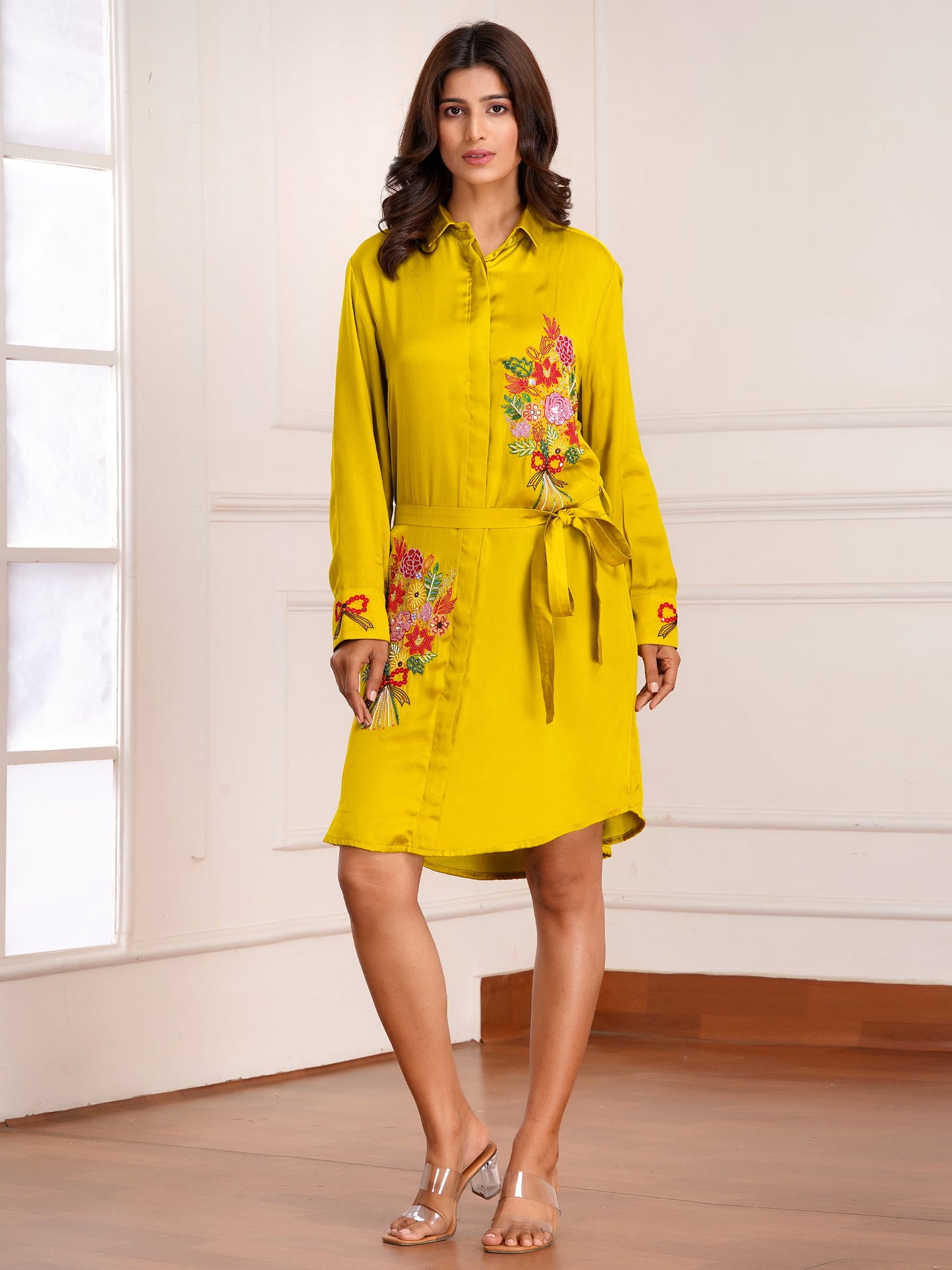 Mustard Floral Bouquet Silk  Embroidered Shirt Dress
