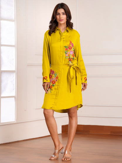 Mustard Floral Bouquet Silk  Embroidered Shirt Dress