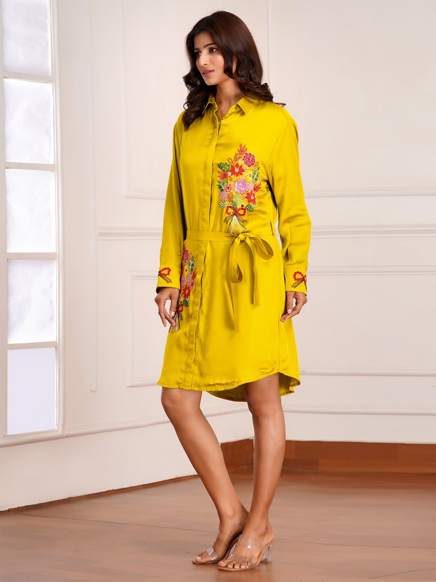 Mustard Floral Bouquet Silk  Embroidered Shirt Dress
