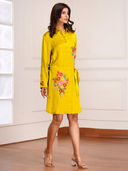 Mustard Floral Bouquet Silk  Embroidered Shirt Dress