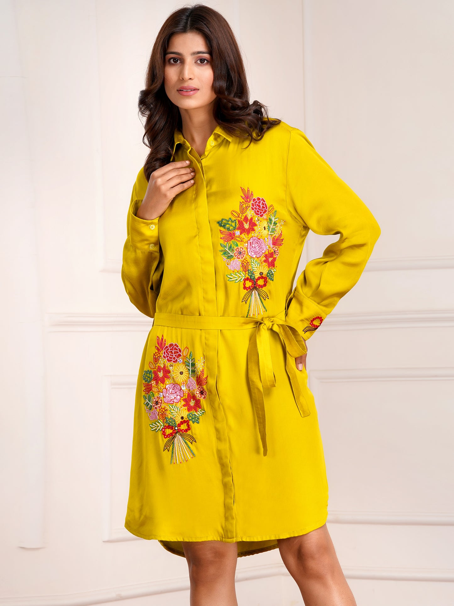 Mustard Floral Bouquet Silk  Embroidered Shirt Dress