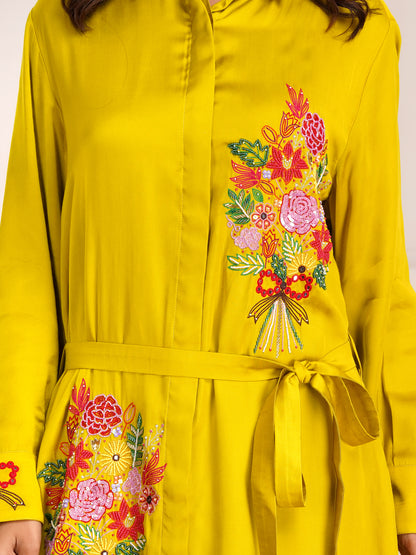 Mustard Floral Bouquet Silk  Embroidered Shirt Dress