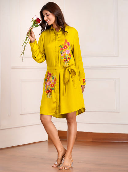 Mustard Floral Bouquet Silk  Embroidered Shirt Dress