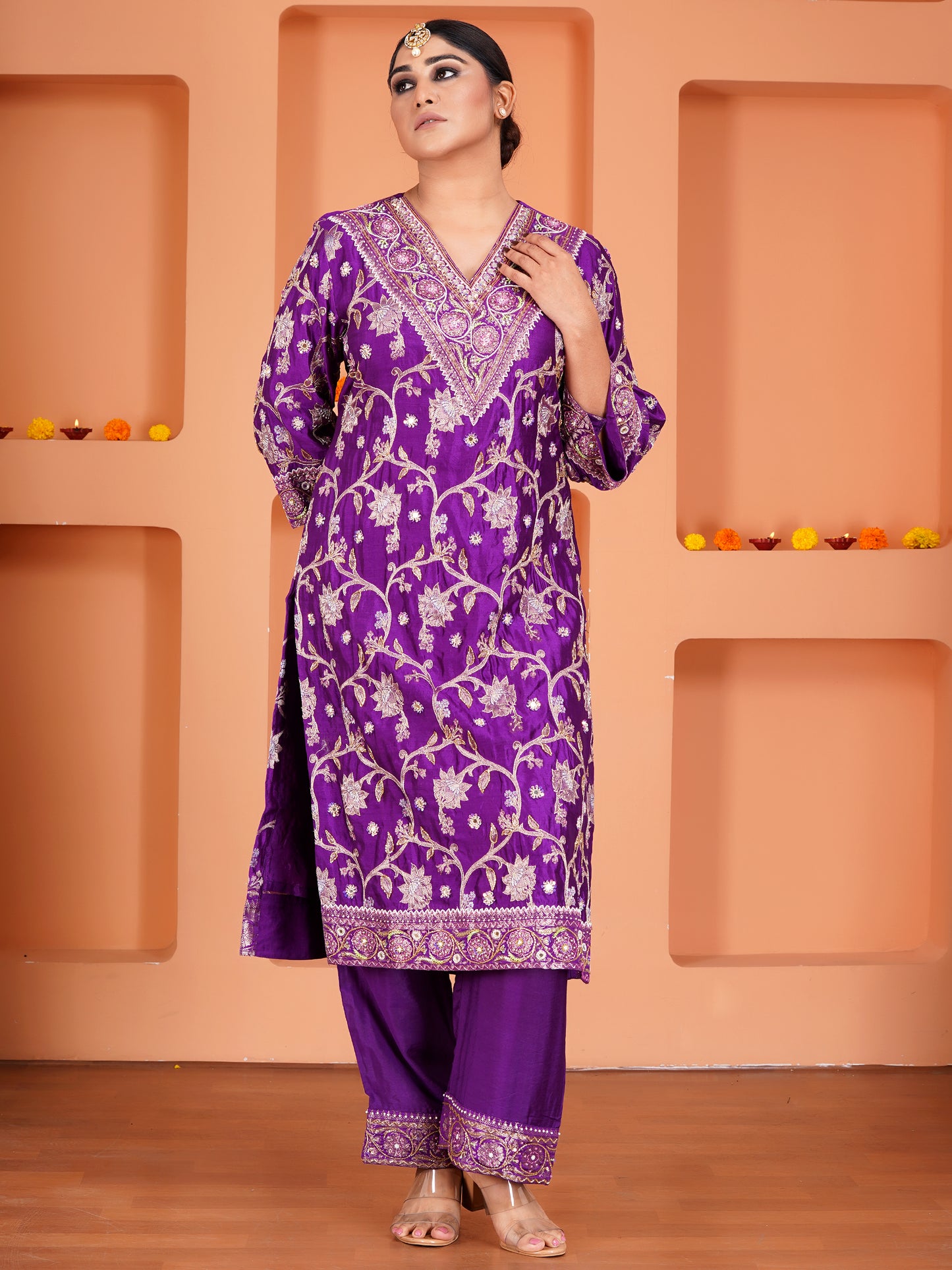 Purple Chiniya Silk Embroidered Kurta Set