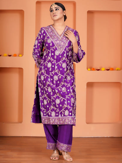 Purple Chiniya Silk Embroidered Kurta Set