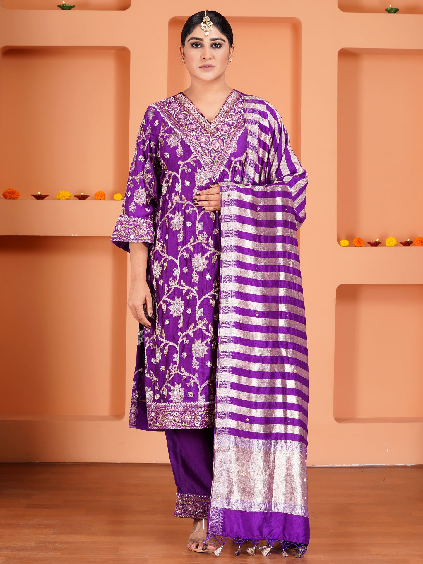 Purple Chiniya Silk Embroidered Kurta Set