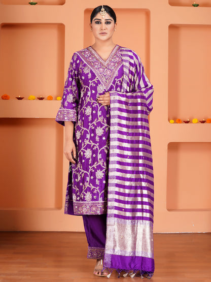 Purple Chiniya Silk Embroidered Kurta Set