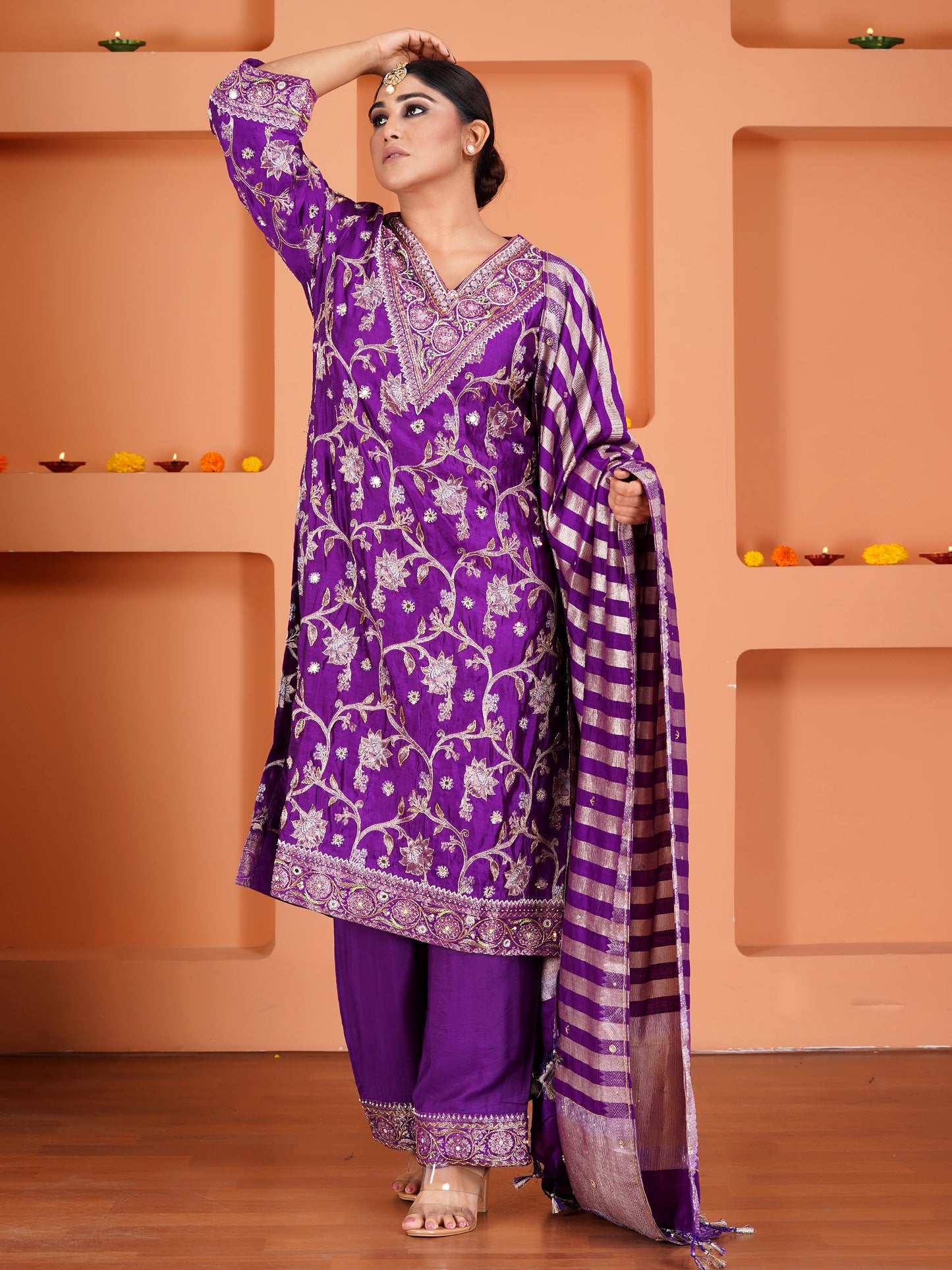 Purple Chiniya Silk Embroidered Kurta Set