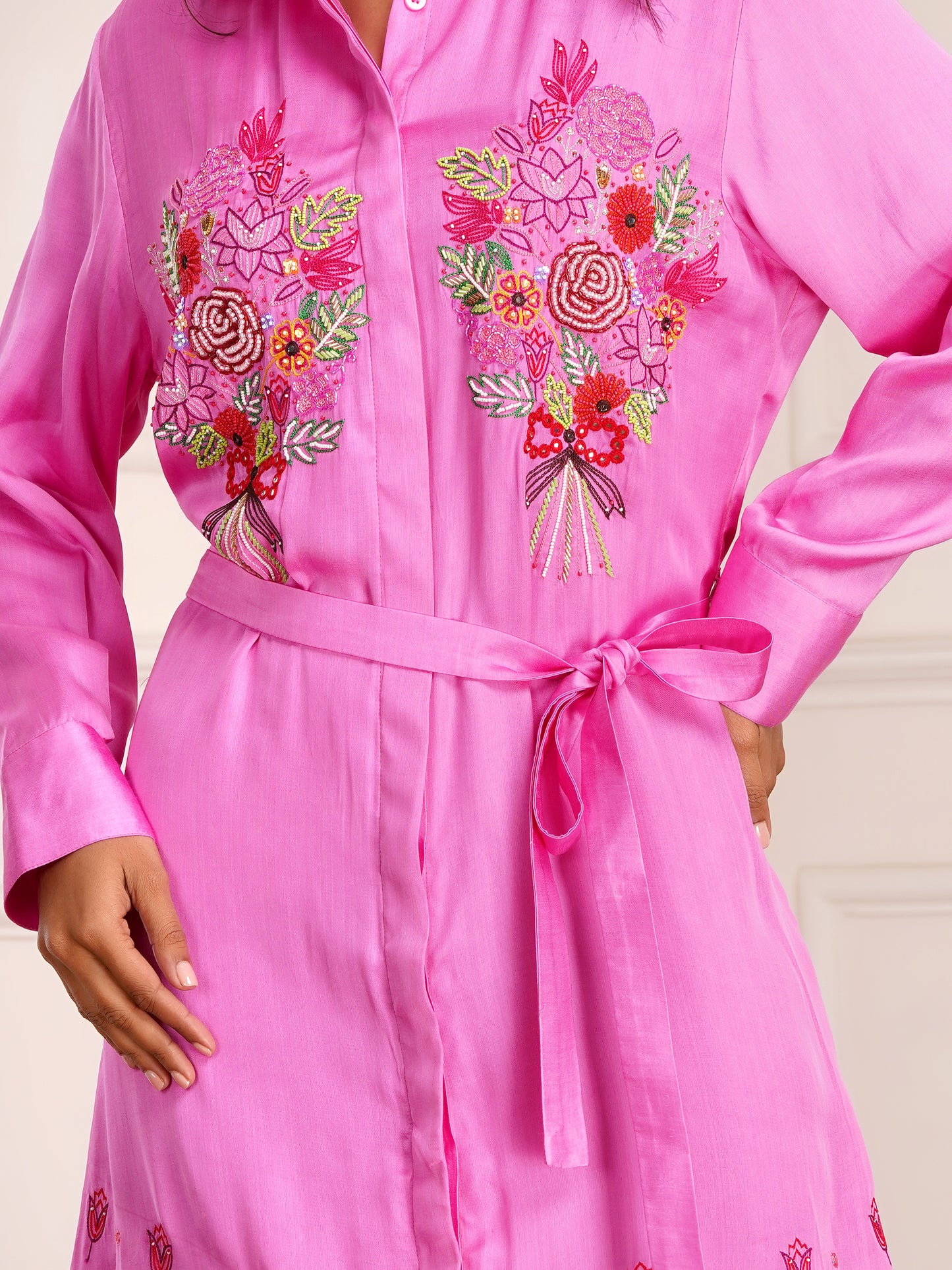 Pink Foral Bouquet Silk Shirt Embroidered Dress