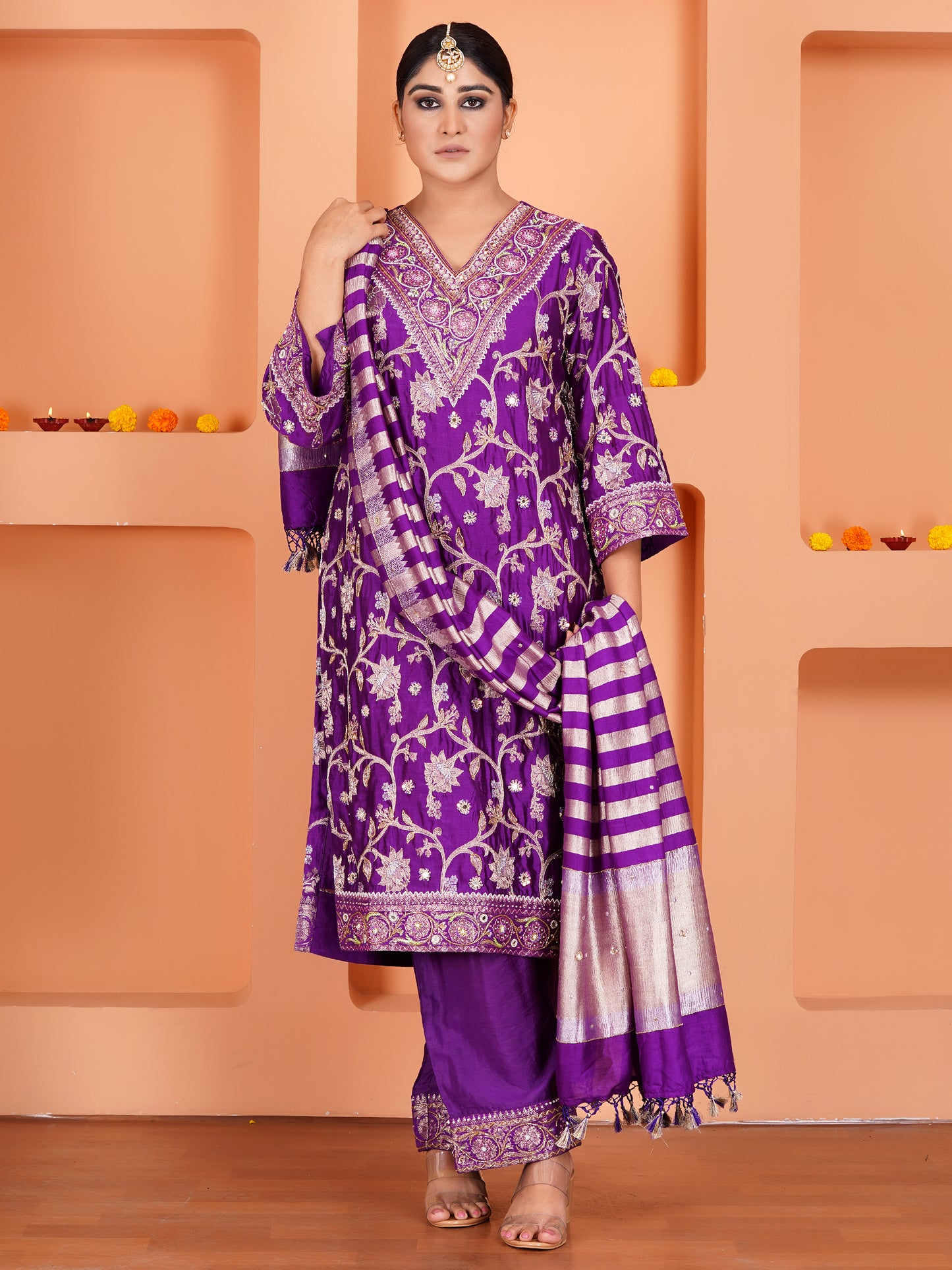 Purple Chiniya Silk Embroidered Kurta Set