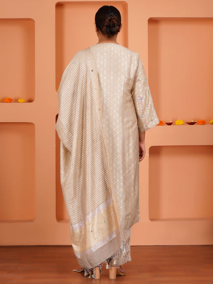 Beige Khin Khab Silk Embroidered Kurta Set