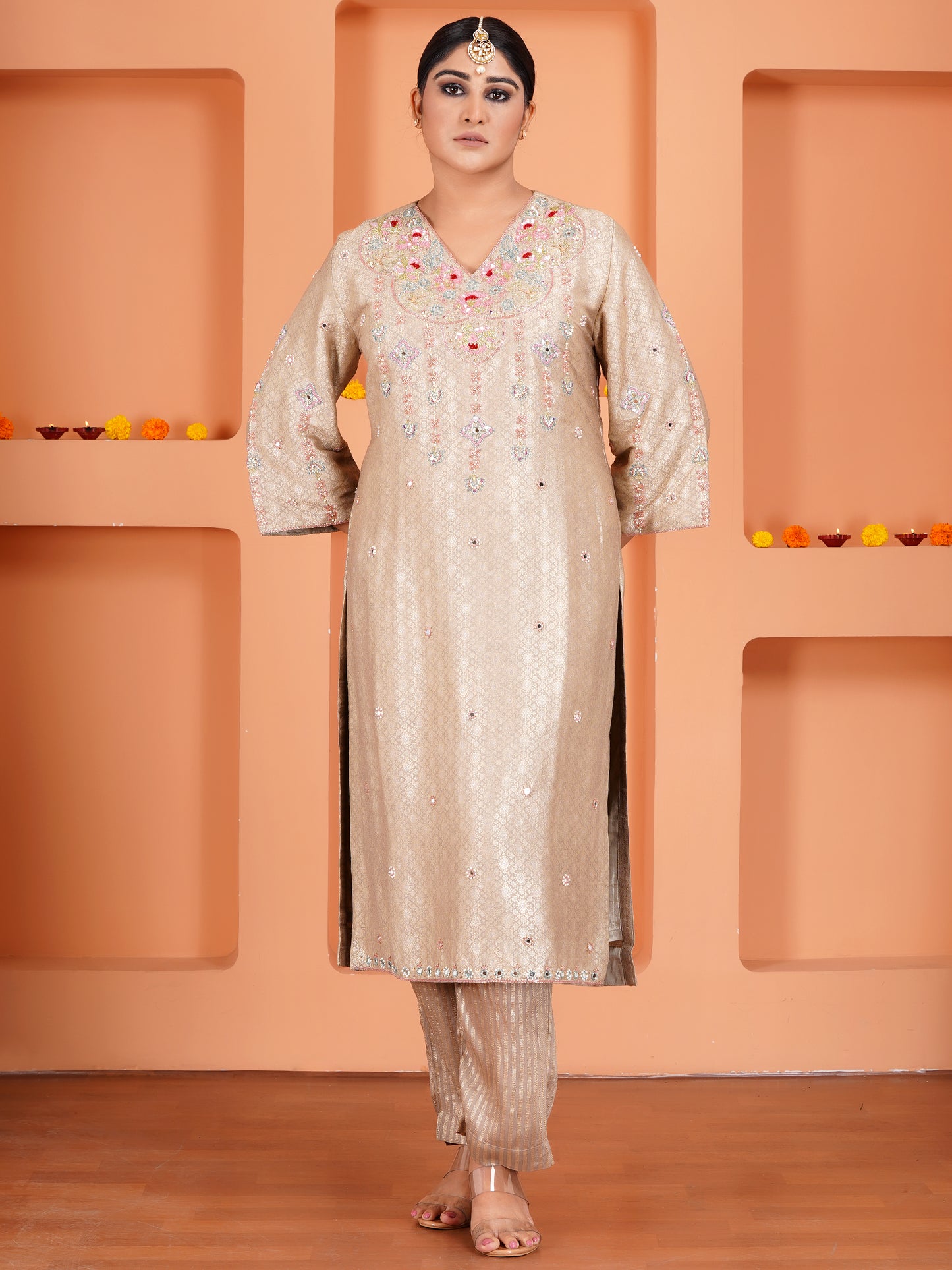 Beige Khin Khab Silk Embroidered Kurta Set