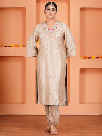 Beige Khin Khab Silk Embroidered Kurta Set