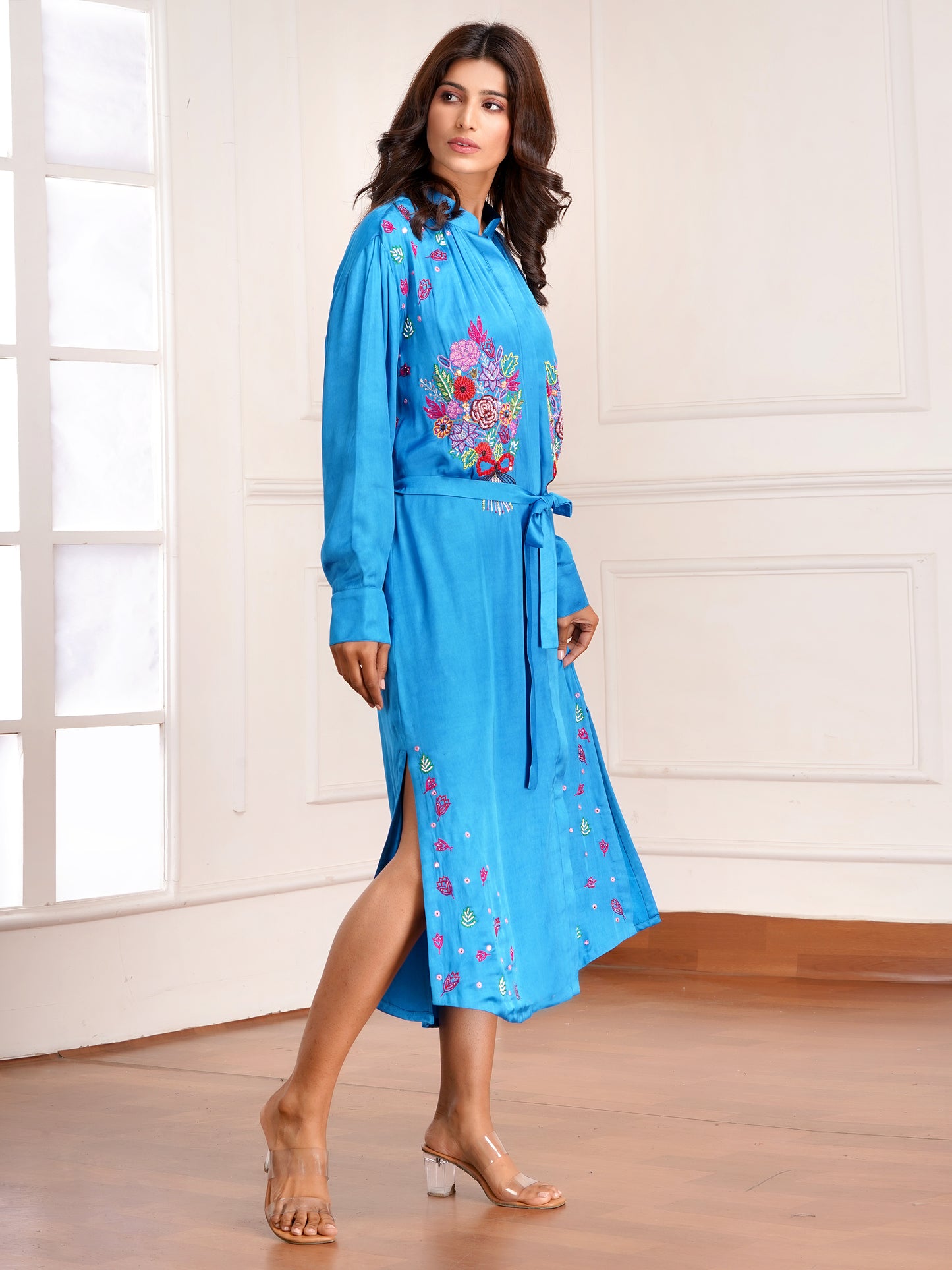 Blue Floral Bouquet Silk Embroidered Shirt Dress