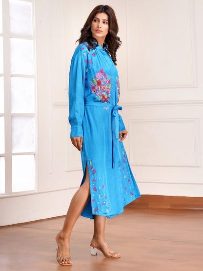 Blue Floral Bouquet Silk Embroidered Shirt Dress