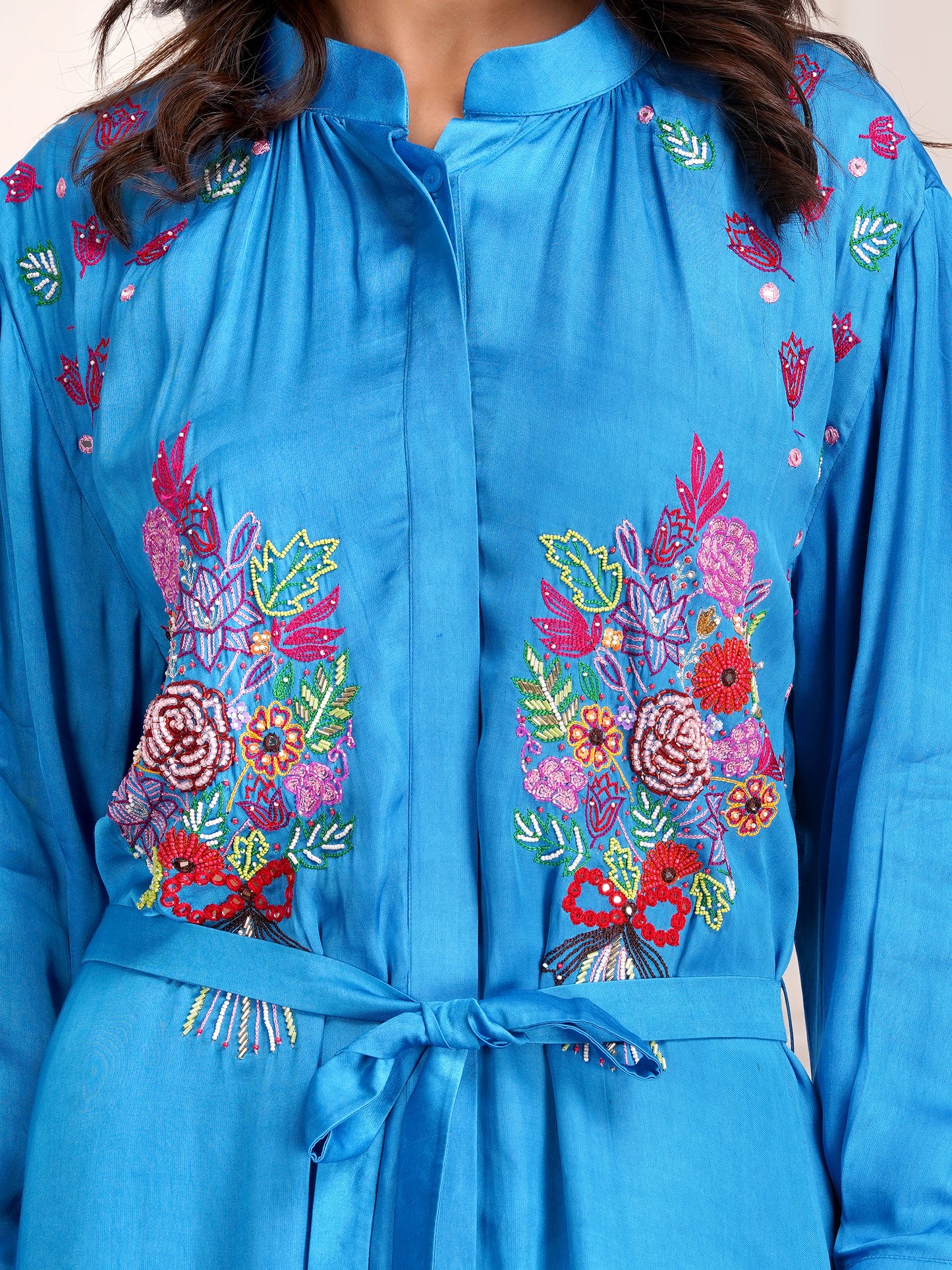 Blue Floral Bouquet Silk Embroidered Shirt Dress