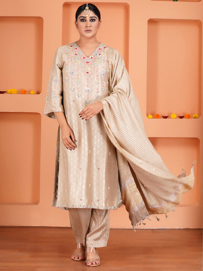Beige Khin Khab Silk Embroidered Kurta Set