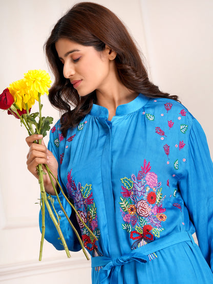 Blue Floral Bouquet Silk Embroidered Shirt Dress