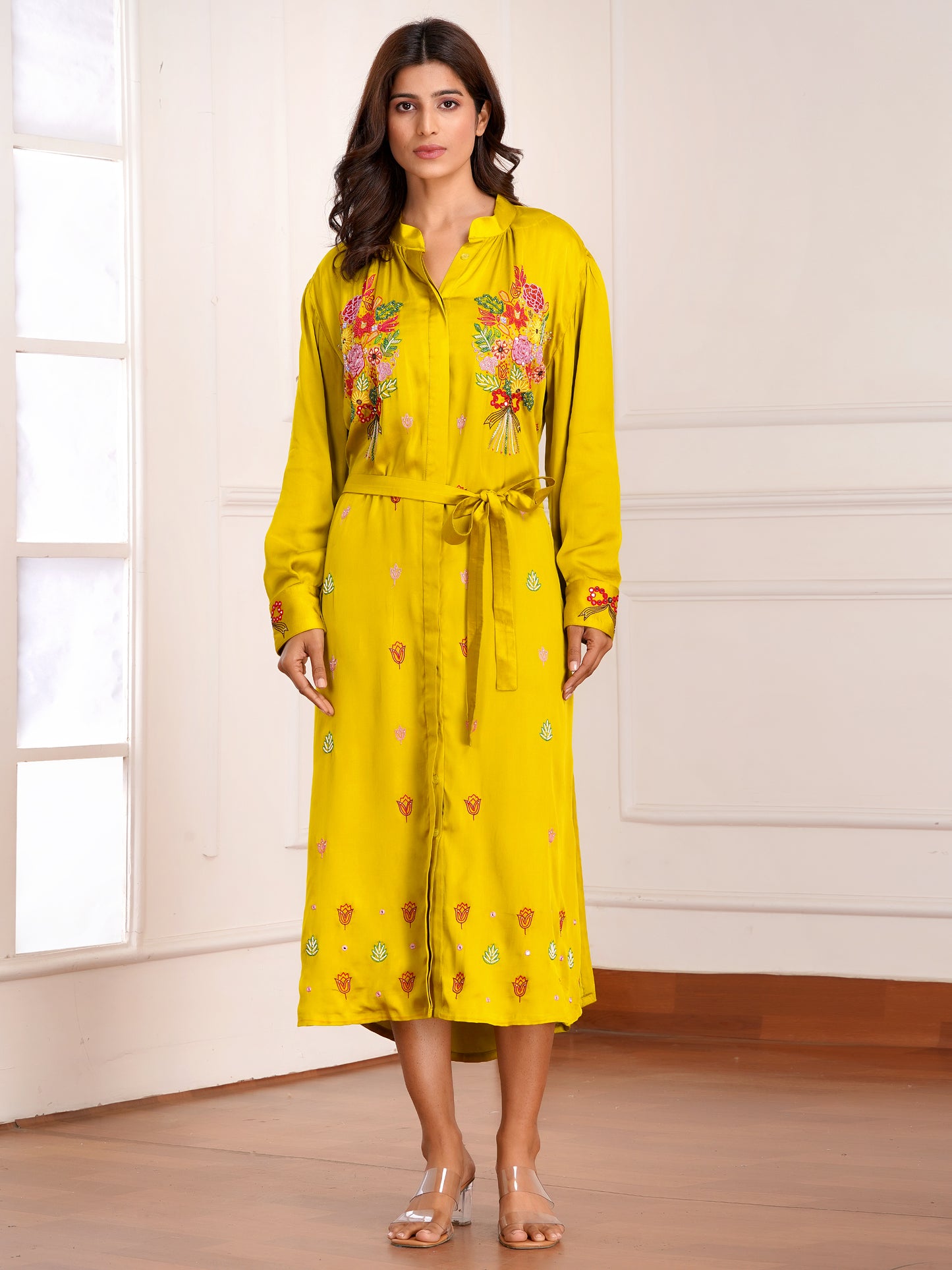 Mustard Floral Bouquet Silk Embroidered Shirt Dress