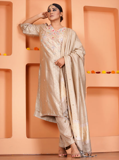 Beige Khin Khab Silk Embroidered Kurta Set
