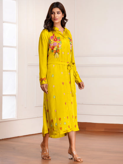 Mustard Floral Bouquet Silk Embroidered Shirt Dress