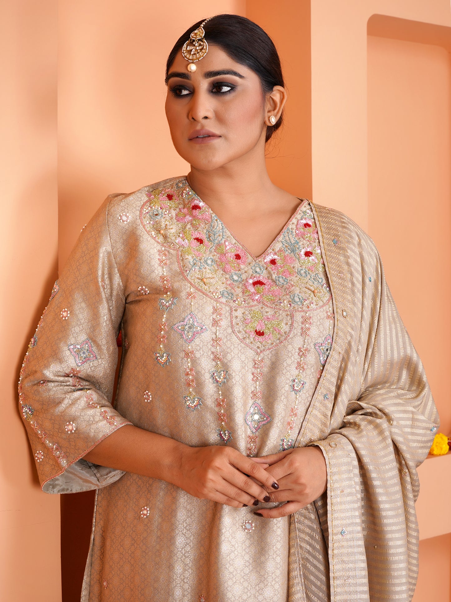 Beige Khin Khab Silk Embroidered Kurta Set