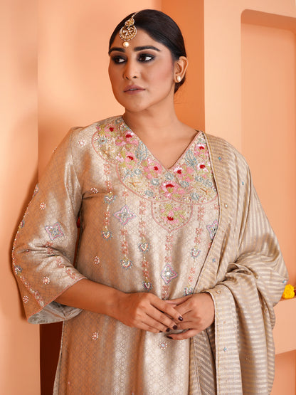Beige Khin Khab Silk Embroidered Kurta Set