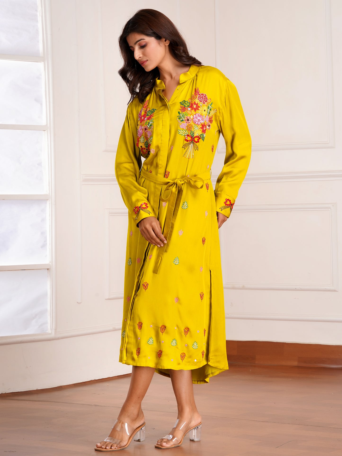 Mustard Floral Bouquet Silk Embroidered Shirt Dress