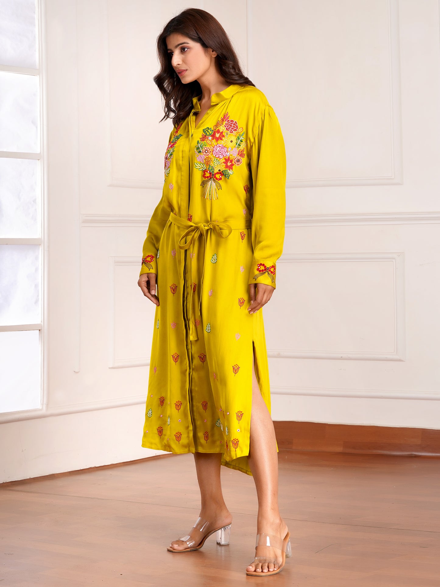 Mustard Floral Bouquet Silk Embroidered Shirt Dress