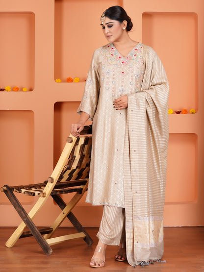 Beige Khin Khab Silk Embroidered Kurta Set