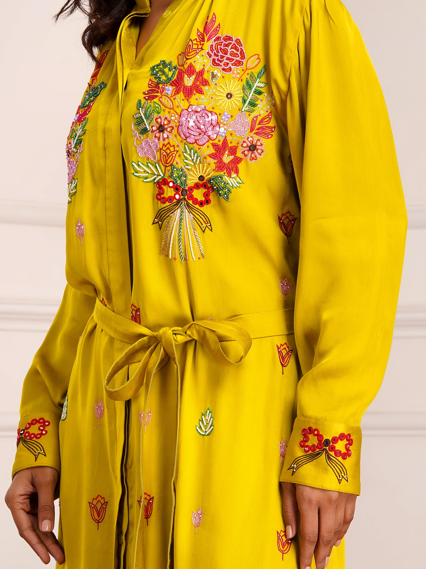 Mustard Floral Bouquet Silk Embroidered Shirt Dress