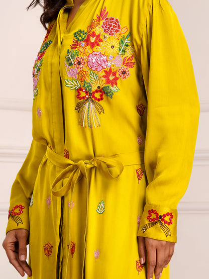 Mustard Floral Bouquet Silk Embroidered Shirt Dress