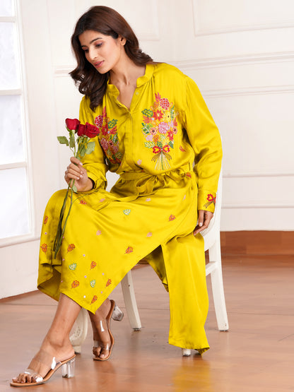 Mustard Floral Bouquet Silk Embroidered Shirt Dress