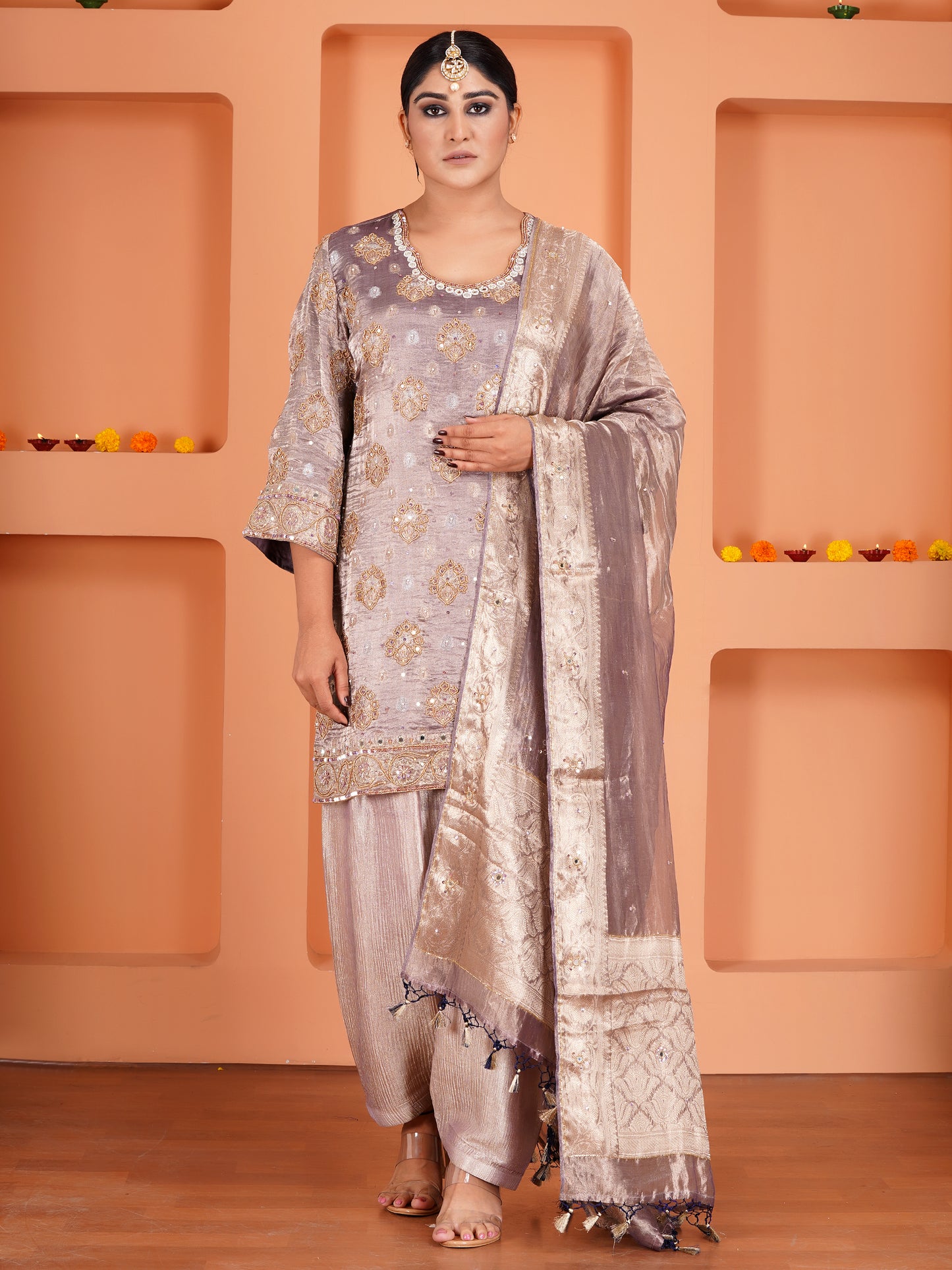Purple Tissue Silk Embroidered Kurta Set