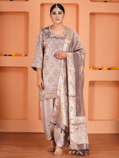 Purple Tissue Silk Embroidered Kurta Set