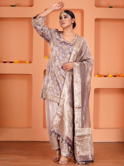 Purple Tissue Silk Embroidered Kurta Set