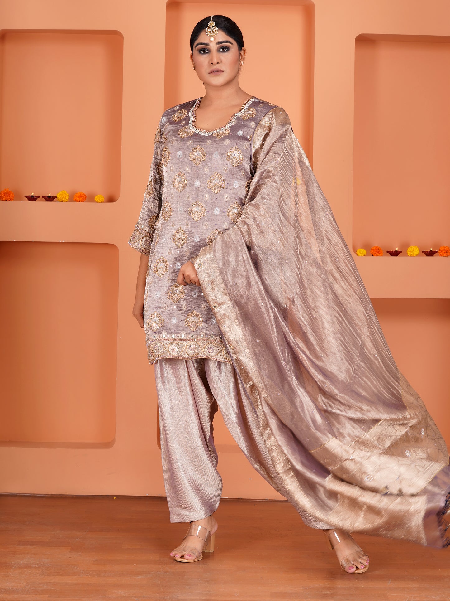 Purple Tissue Silk Embroidered Kurta Set