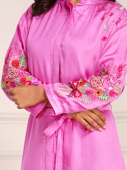 Pink Floral Bouquet Silk Embroidered Shirt Dress