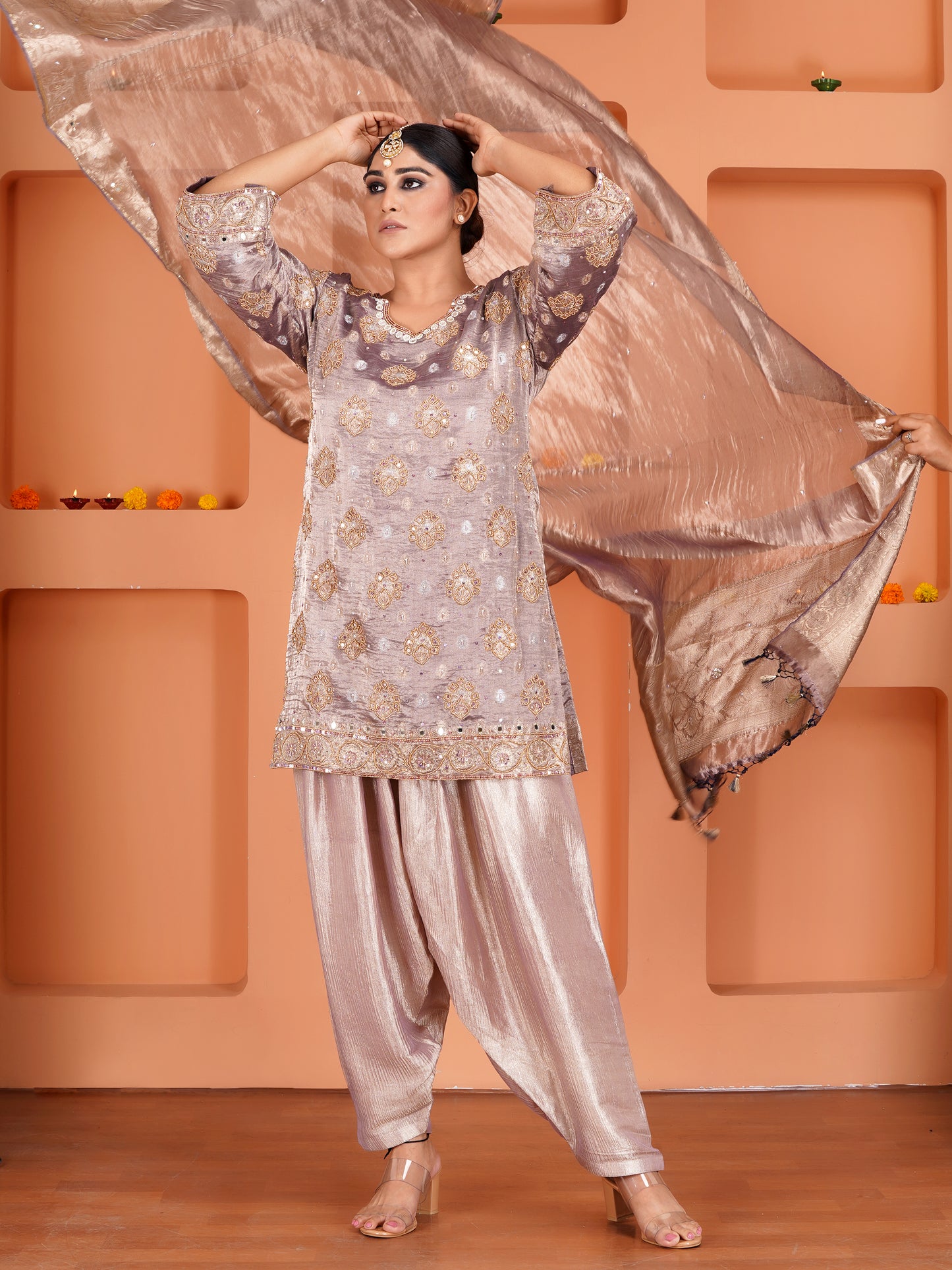 Purple Tissue Silk Embroidered Kurta Set