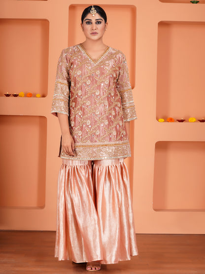 Peach Tissue Silk & Crush Tissue Silk Embroidered Garara Set
