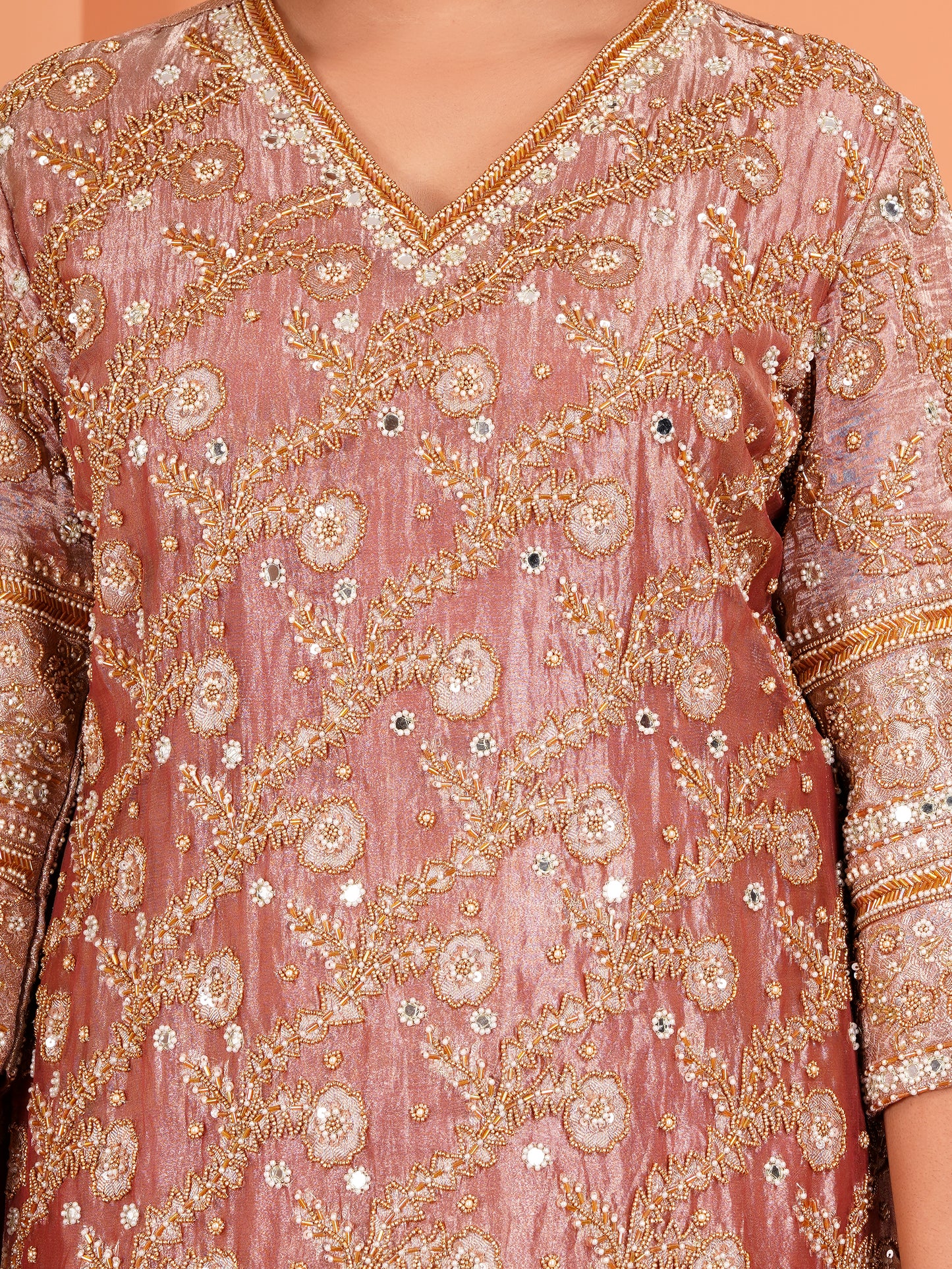 Peach Tissue Silk & Crush Tissue Silk Embroidered Garara Set