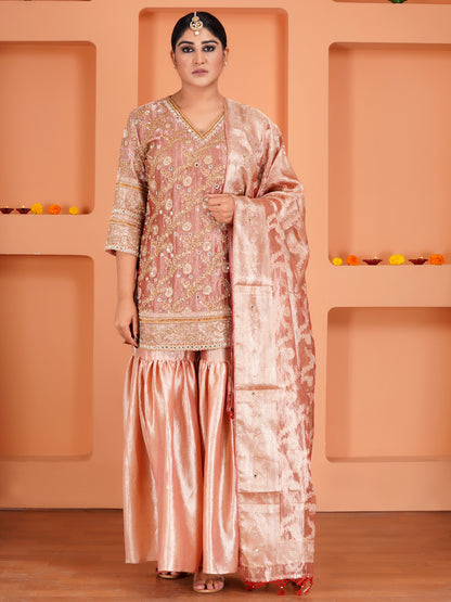 Peach Tissue Silk & Crush Tissue Silk Embroidered Garara Set