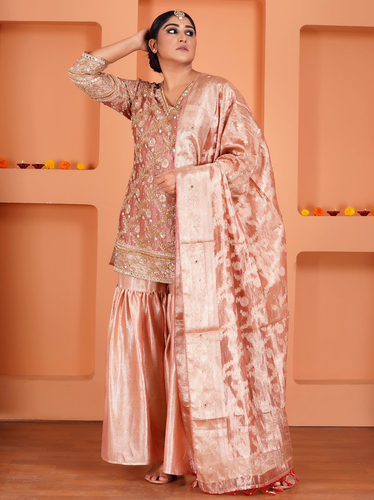 Peach Tissue Silk & Crush Tissue Silk Embroidered Garara Set