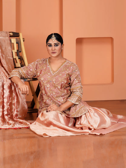 Peach Tissue Silk & Crush Tissue Silk Embroidered Garara Set