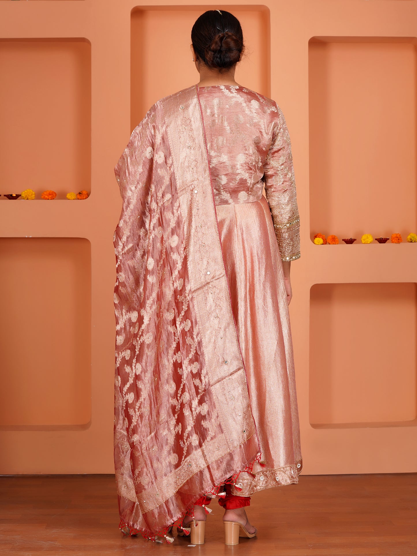Peach Tissue Silk & Crush Tissue Silk Embroidered Anarkali