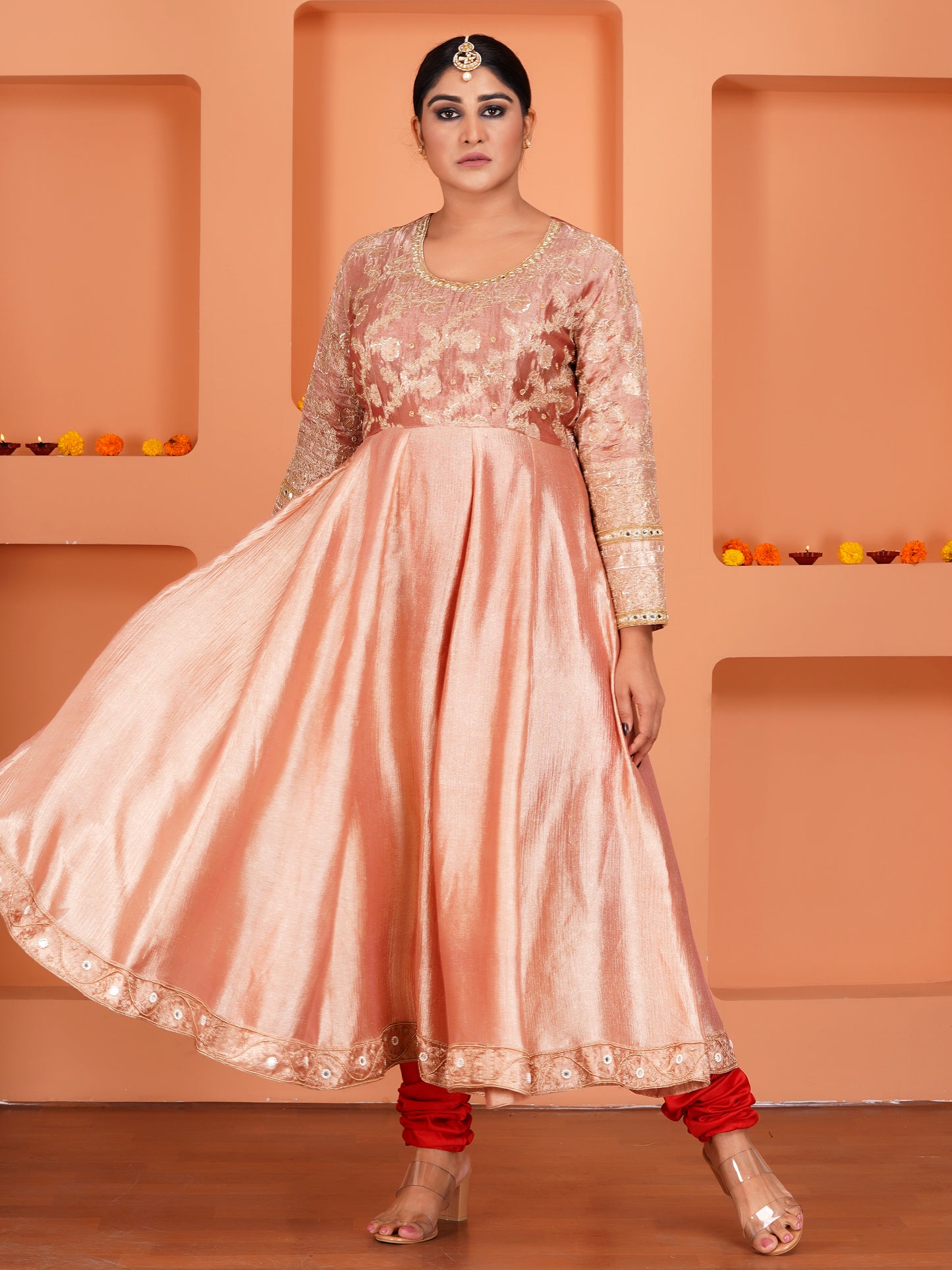 Peach Tissue Silk & Crush Tissue Silk Embroidered Anarkali