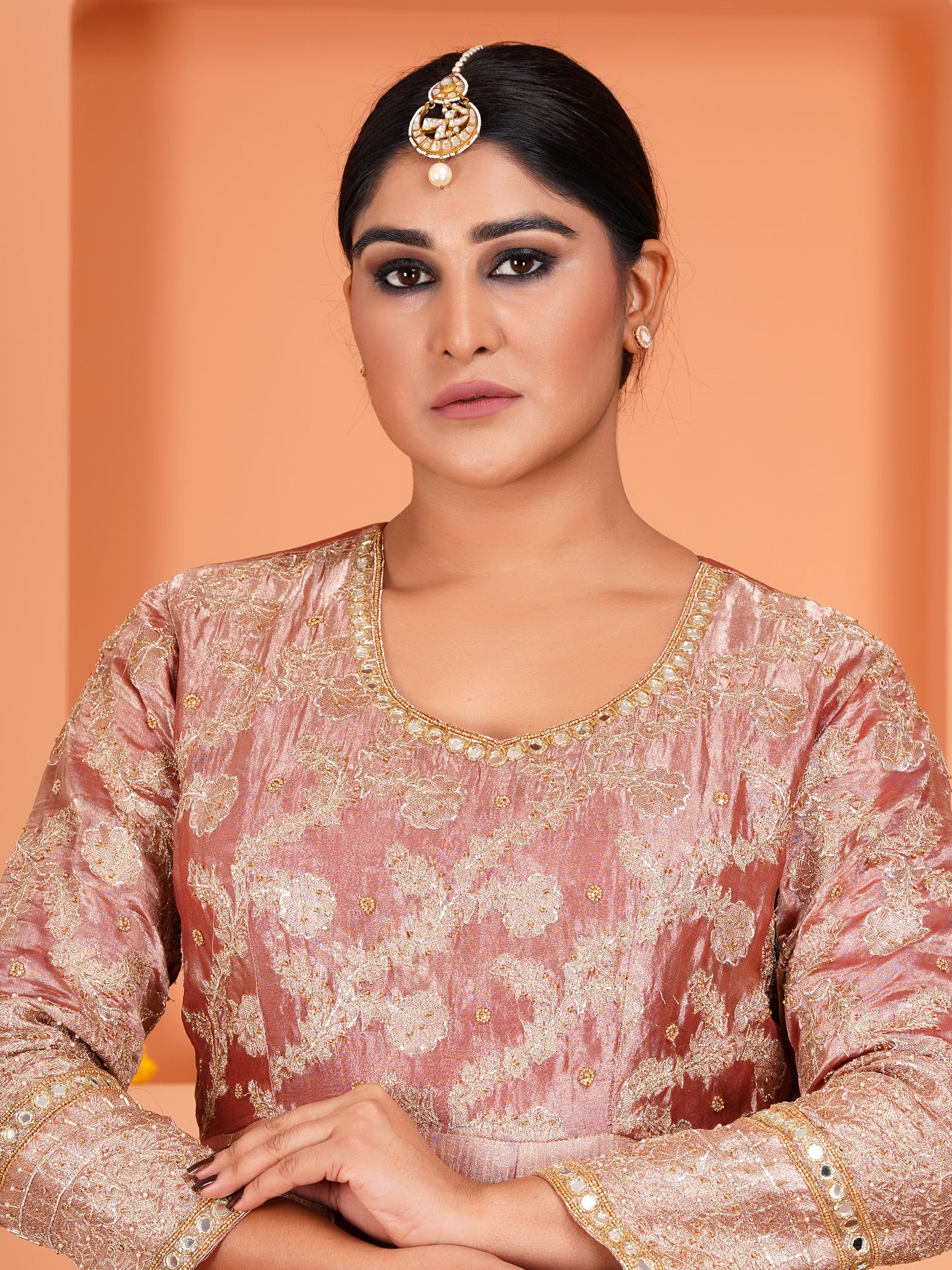 Peach Tissue Silk & Crush Tissue Silk Embroidered Anarkali