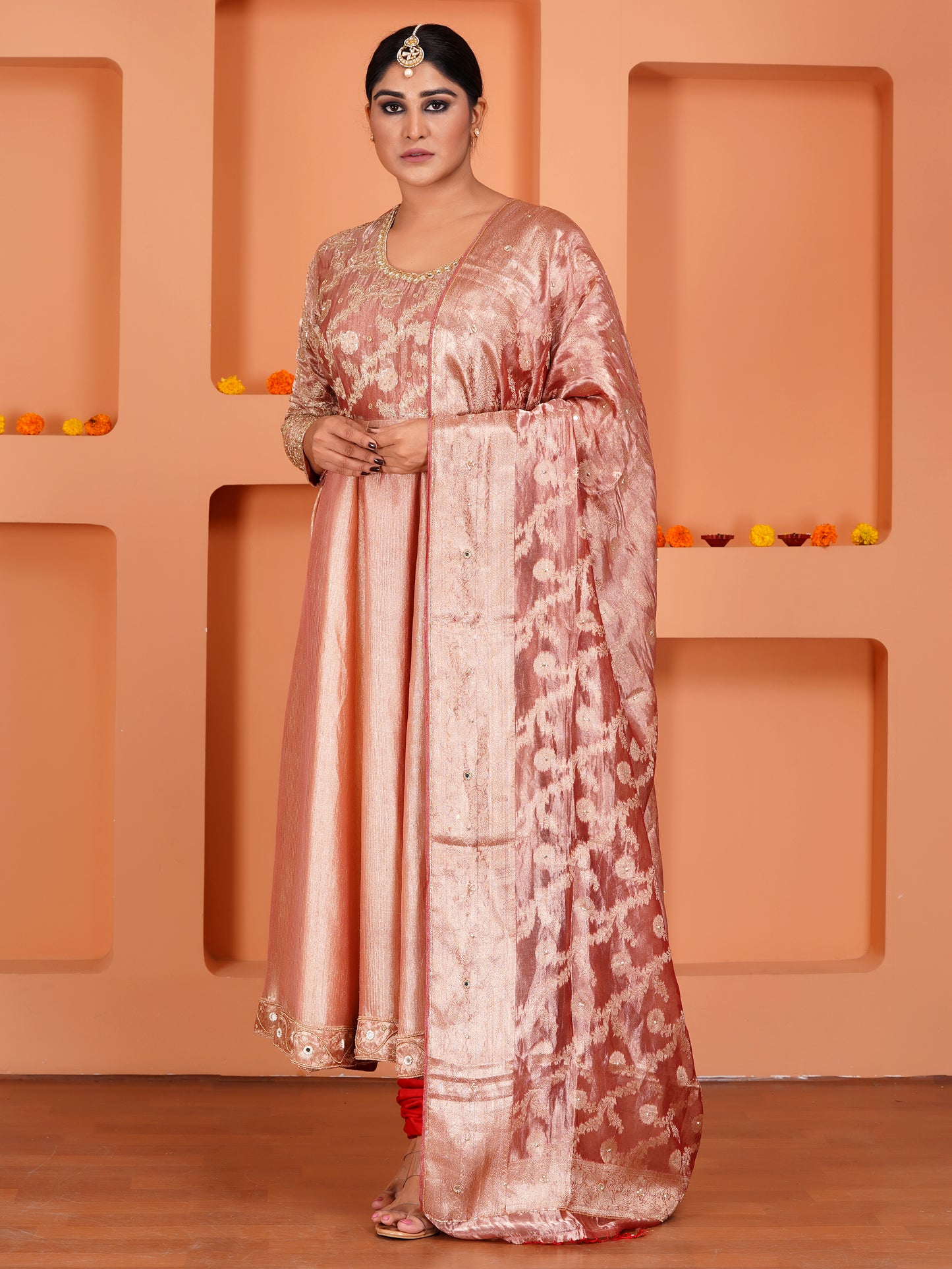 Peach Tissue Silk & Crush Tissue Silk Embroidered Anarkali