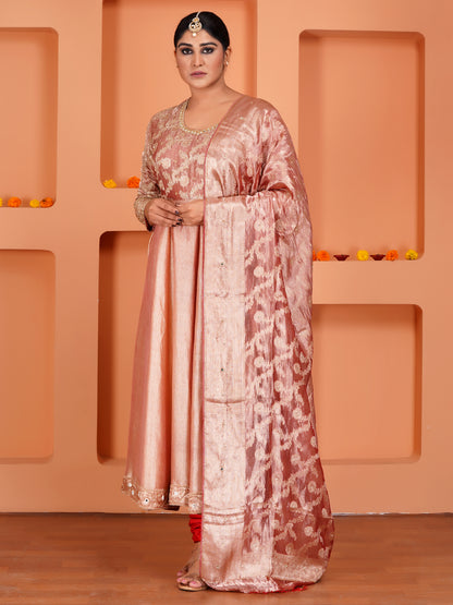 Peach Tissue Silk & Crush Tissue Silk Embroidered Anarkali