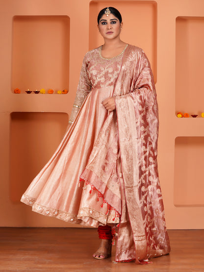 Peach Tissue Silk & Crush Tissue Silk Embroidered Anarkali